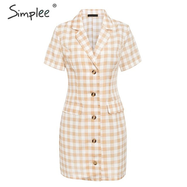 Elegant plaid dress women Summer buttons pockets yellow female dresses Holiday ladies short retro beach 2019