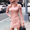 Turtle neck bodycon knitted dress women Puff shoulder pink sweater dress winter