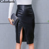 New 2019 Women Midi Skirt PU Leather Black High Waist  Slit Pencil Skirt