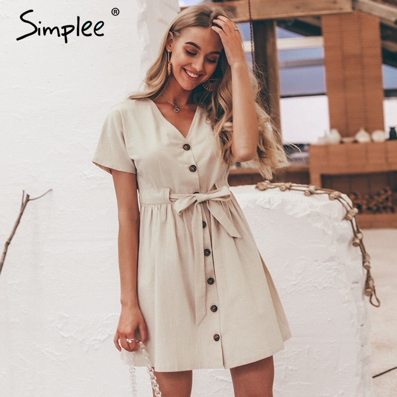 Simplee Vintage button women dress shirt V neck short sleeve cotton linen short summer dresses 2019