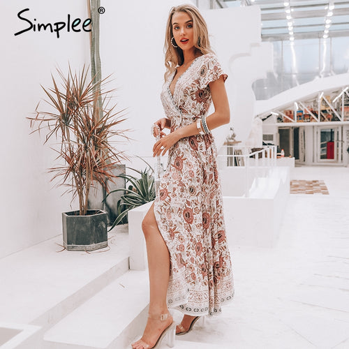 Vintage floral print summer dress Ruffle split sash sexy long dress Bohemian women dress holiday beach dress  2019