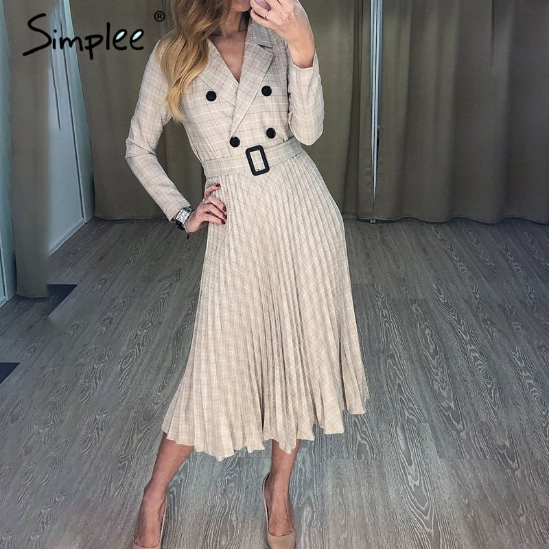 Vintage pleated belt plaid dress women Elegant office ladies blazer dresses Long sleeve female autumn midi party dress