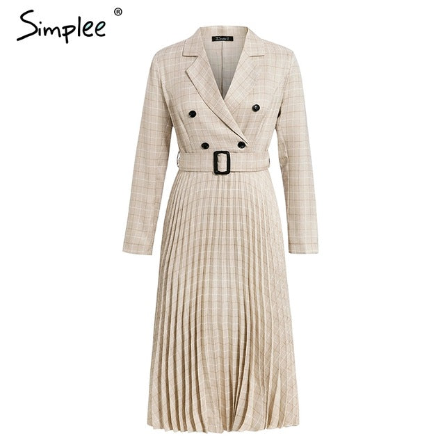 Vintage pleated belt plaid dress women Elegant office ladies blazer dresses Long sleeve female autumn midi party dress