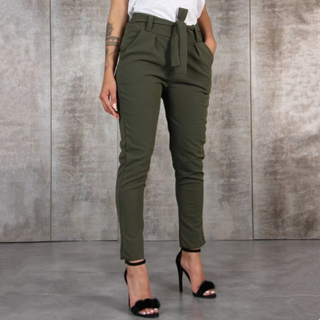 Casual Slim Chiffon Thin Pants For Women High Waist Black Khaki Green Pants