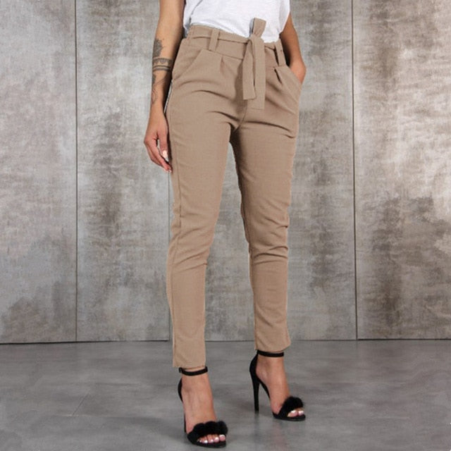 Casual Slim Chiffon Thin Pants For Women High Waist Black Khaki Green Pants