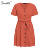 Simplee Vintage button women dress shirt V neck short sleeve cotton linen short summer dresses 2019