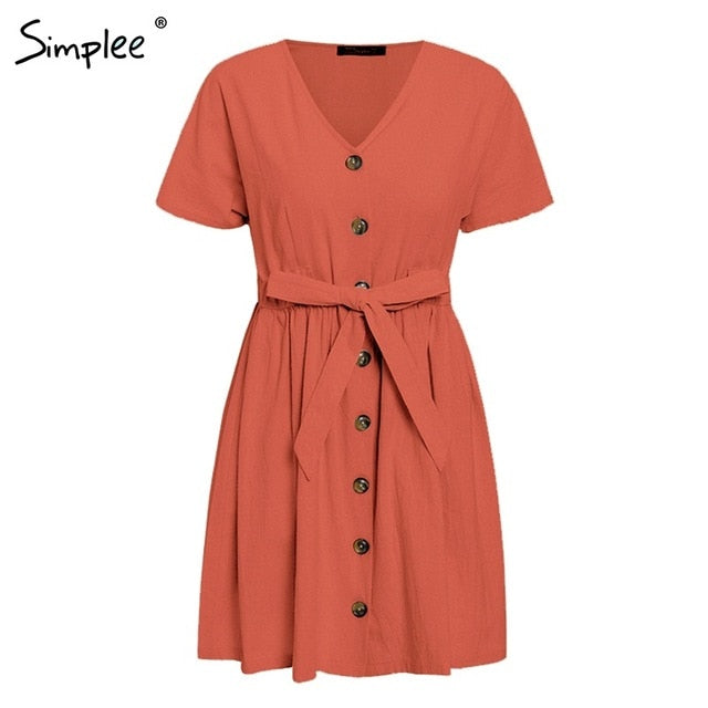 Simplee Vintage button women dress shirt V neck short sleeve cotton linen short summer dresses 2019