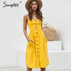 Elegant button women dress Pocket polka dots yellow cotton midi dress Summer