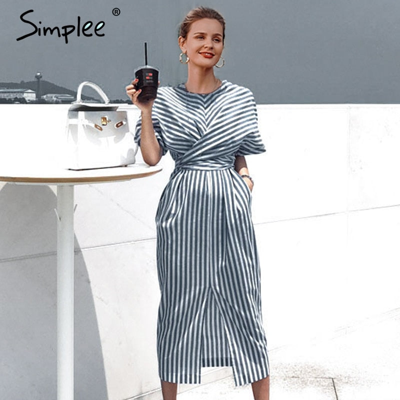 Plus size cotton striped women dress Summer style bandage split female long dress Short sleeve office ladies long dress