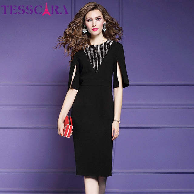 Women Elegant Beading Even Party Dress Female Fashion Party  Pencil Vestidos Plus Size