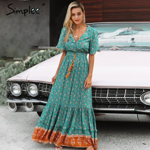 Bohemian print summer dress women Short sleeve ruffled long maxi dress Elegant v-neck drawstring ladies cotton dresses