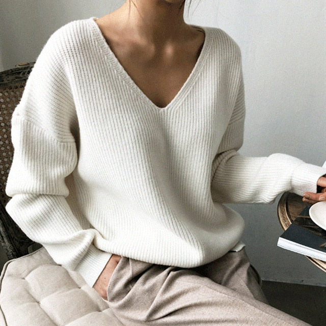 2019 Autumn Winter Women's Sweaters V-Neck Minimalist Tops Fashionable