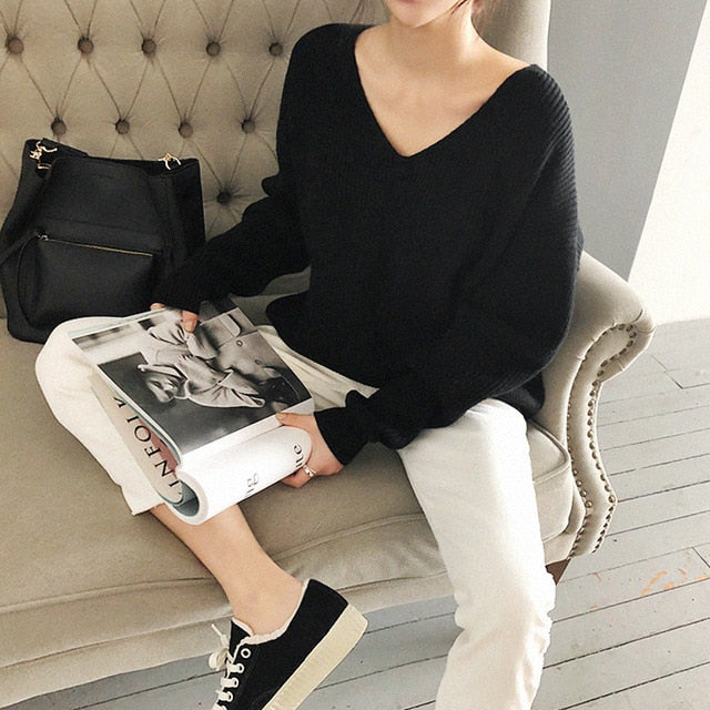 2019 Autumn Winter Women's Sweaters V-Neck Minimalist Tops Fashionable