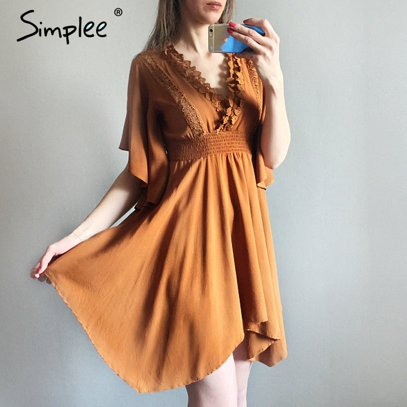 V neck lace hollow out summer dress women Irregular casual streetwalker dress female