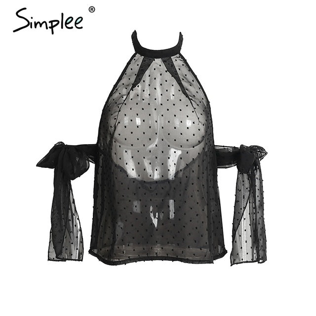 Simplee Halter off shoulder blouse shirt women tops Transparent white chiffon blouse Backless summer blouse chemise femme blusas