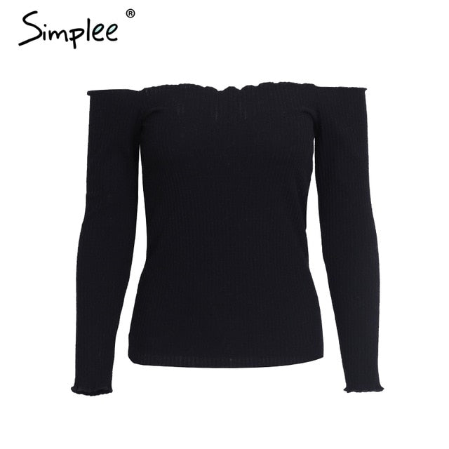 Simplee Sexy off shoulder knitted top tees Women black bustier