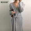 New Belted Cashmere Sweater Dress Women Fashion Office Lady V Neck Knitted Dress Winter Warm