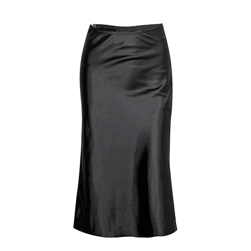 Casual Silk Black Skirt Women Summer Autumn Knee-Length Office Lady 2019 Fashion