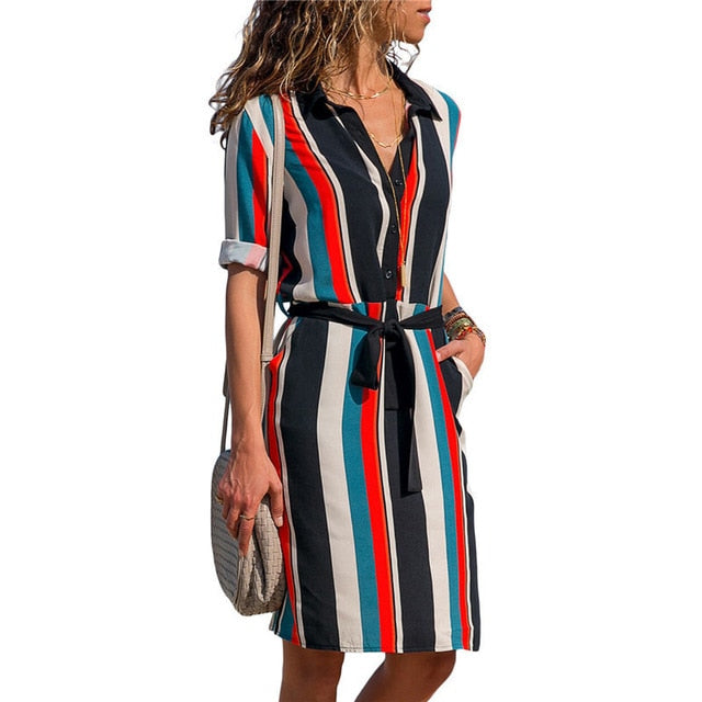 Long Sleeve Shirt Dress 2019 Summer Boho Beach Dresses Women Casual Striped Print A-line Mini Party Dress