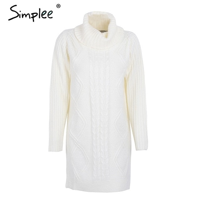 Turtleneck high split knitting pullover Autumn winter long sleeve  sweater dress