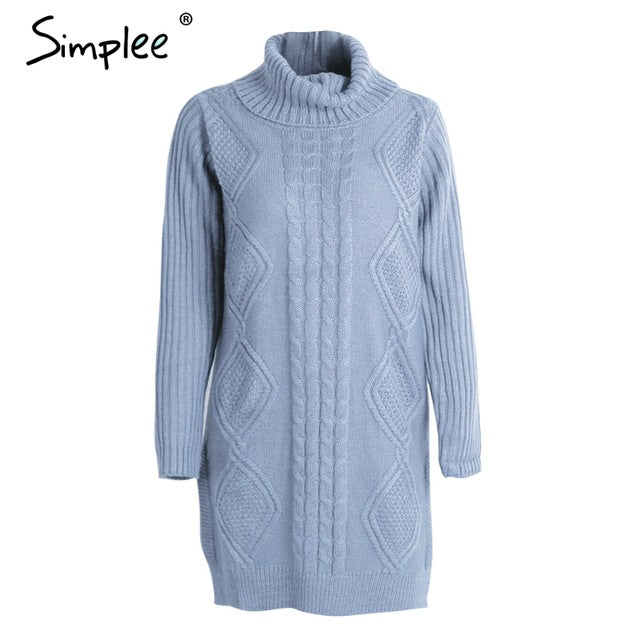 Turtleneck high split knitting pullover Autumn winter long sleeve  sweater dress