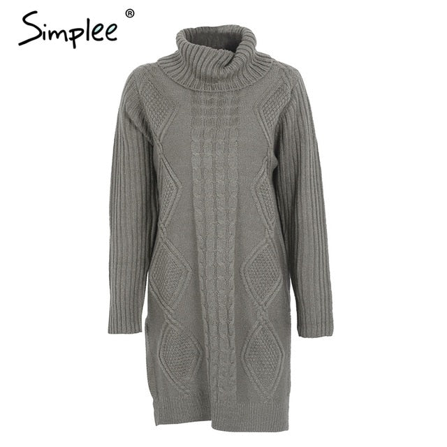 Turtleneck high split knitting pullover Autumn winter long sleeve  sweater dress