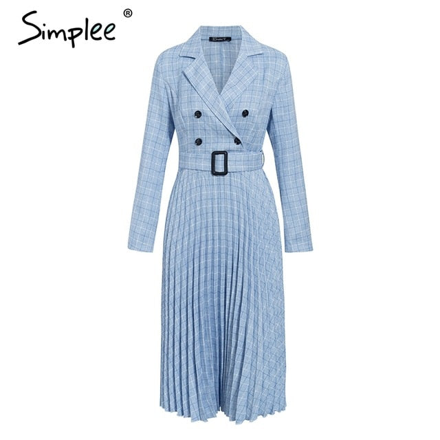 Vintage pleated belt plaid dress women Elegant office ladies blazer dresses Long sleeve female autumn midi party dress