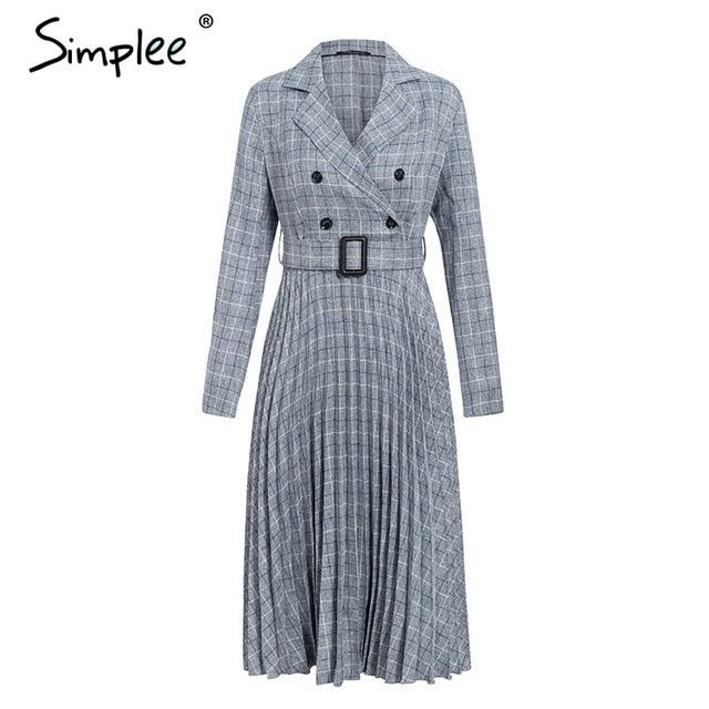 Vintage pleated belt plaid dress women Elegant office ladies blazer dresses Long sleeve female autumn midi party dress