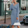 Sexy v-neck knitted dress women Two-piece batwing sleeve female sweater dress