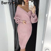 Sexy v-neck knitted dress women Two-piece batwing sleeve female sweater dress