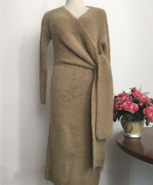 New Belted Cashmere Sweater Dress Women Fashion Office Lady V Neck Knitted Dress Winter Warm