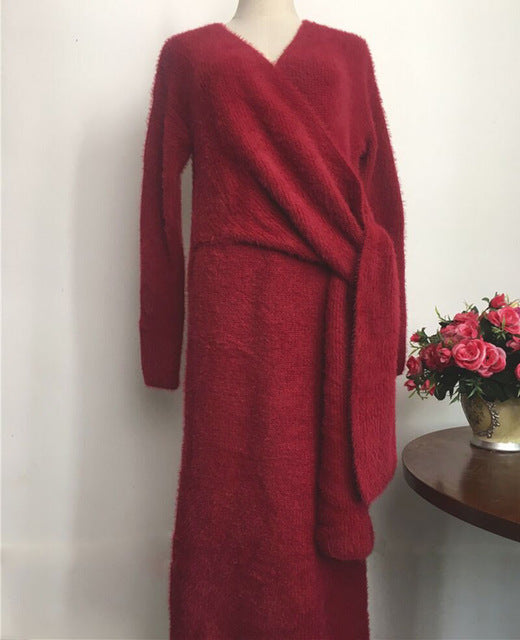 New Belted Cashmere Sweater Dress Women Fashion Office Lady V Neck Knitted Dress Winter Warm