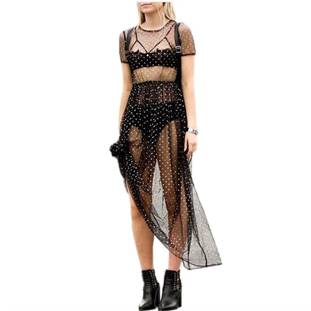 Summer Black Sequin Mesh Sexy Women Dress Sleeveless Spaghetti Strap Long Dress 2019