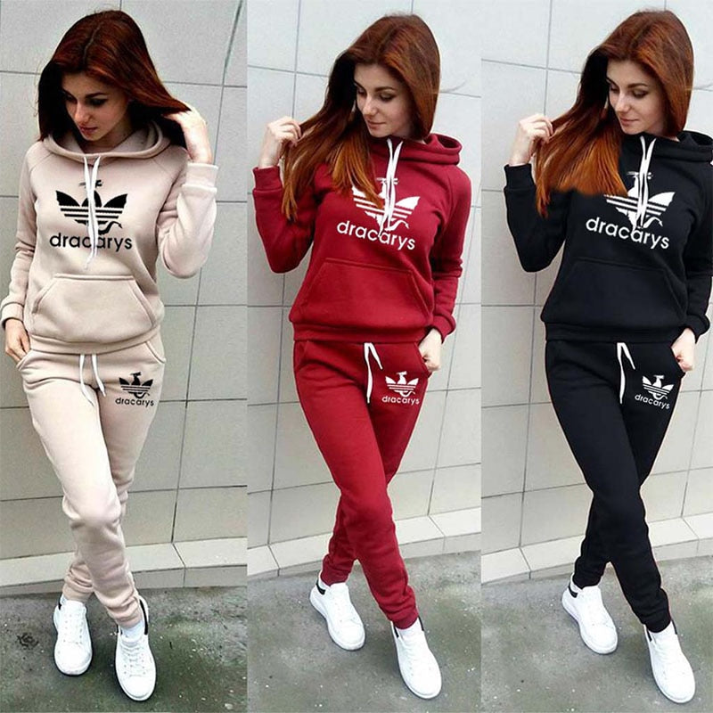 Autumn Winter 2 Piece Set Women Hoodie Pants Printed Tracksuit