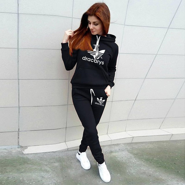 Autumn Winter 2 Piece Set Women Hoodie Pants Printed Tracksuit