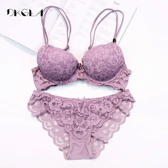 Hot Sexy Push Up Bra Set Brand Deep V Brassiere Thick Cotton Women Underwear Set Lace Cup