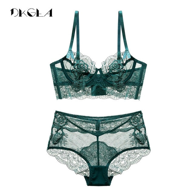 New luxury Green Fashion Sexy Bra Embroidery Lace Women Underwear Bra Set Transparent Brassiere