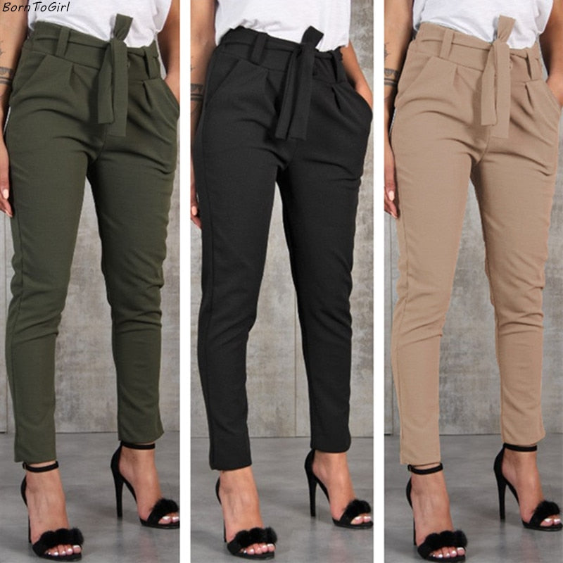 Casual Slim Chiffon Thin Pants For Women High Waist Black Khaki Green Pants