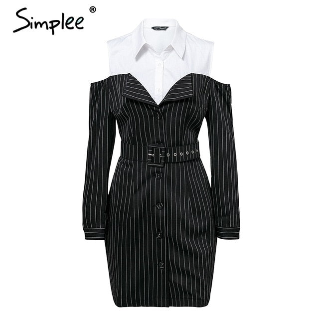 Simplee Elegant fake two piece stripe women dress Office 2019