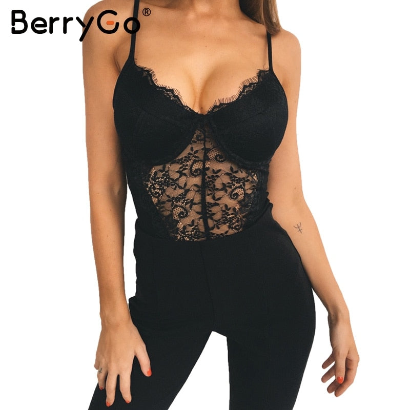 Sexy backless lace bodysuit Black skinny fringe bodysuit one-piece jumpsuit 2019