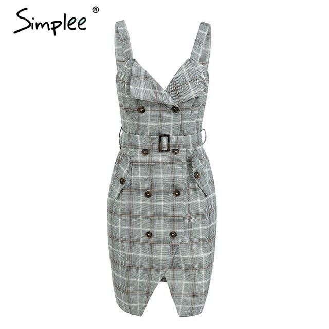 Plaid Strap women dress office lady High waist split sash short dress Double breasted casual autumn winter dress 2019