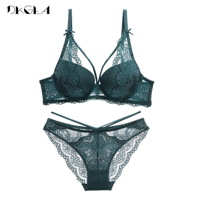 New Green Underwear Set Women Bra Push Up Brassiere Cotton