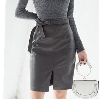 2019 Women PU Leather Skirt Autumn Winter Eelegant Bow Ladies Fashion