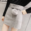 New 2019 Women Woolen mini Skirt Autumn Winter Pencil Pom Pom with Belt Ladies Fashion