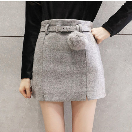 New 2019 Women Woolen mini Skirt Autumn Winter Pencil Pom Pom with Belt Ladies Fashion