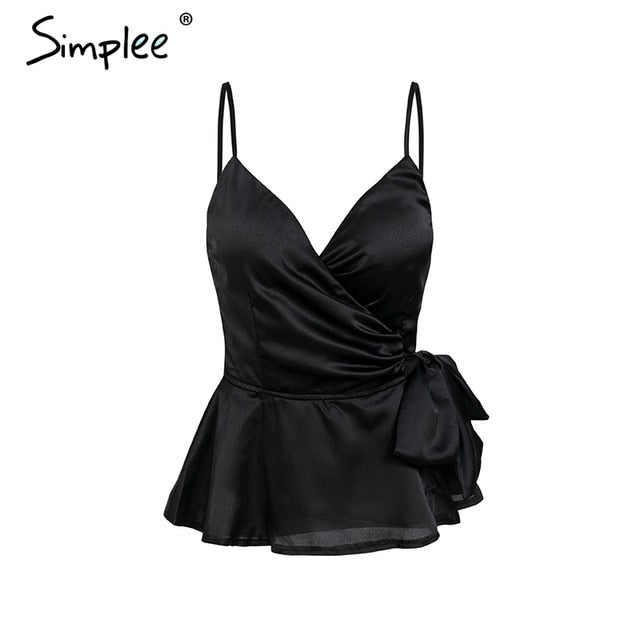 Sexy v neck wrap satin plume top women Strap summer shirt tank top female Elegant ladies 2019