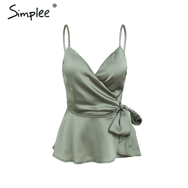 Sexy v neck wrap satin plume top women Strap summer shirt tank top female Elegant ladies 2019