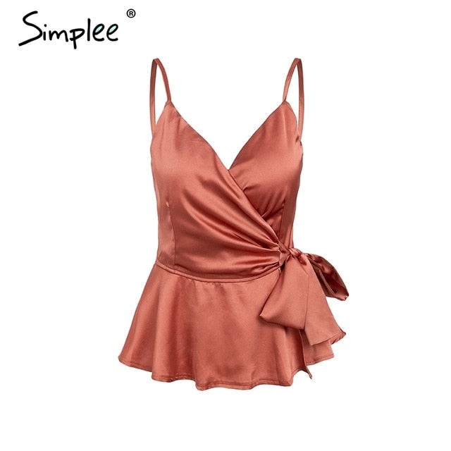 Sexy v neck wrap satin plume top women Strap summer shirt tank top female Elegant ladies 2019