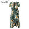 Elegant floral print satin women dress Wrap v neck high waist summer dresses Sexy bow tie green casual female 2019