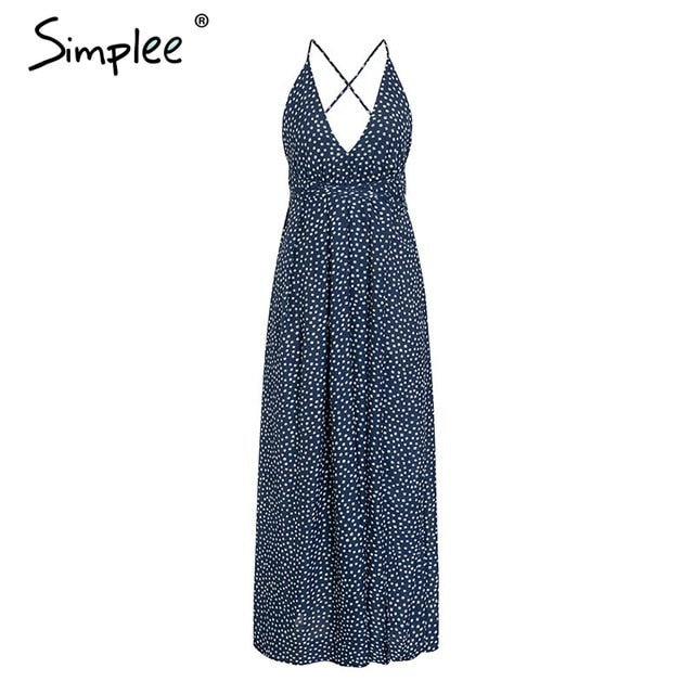 Simplee Boho deep v neck backless sexy dress Split cross lace up chiffon summer beach long dress Sleeveless maxi dress vestidos